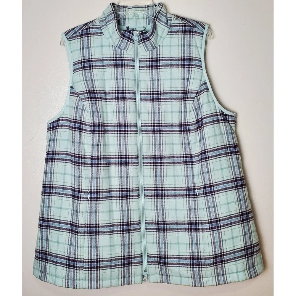 J Jill Women's XL Plaid Flannel Fleece Lined Long Vest Full Zip Pastel Spring